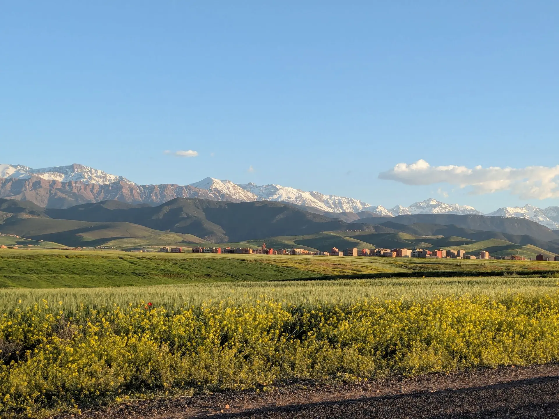 Beautiful view of the Atlas Mountains and fields in Marrakesh, Morocco during the day.