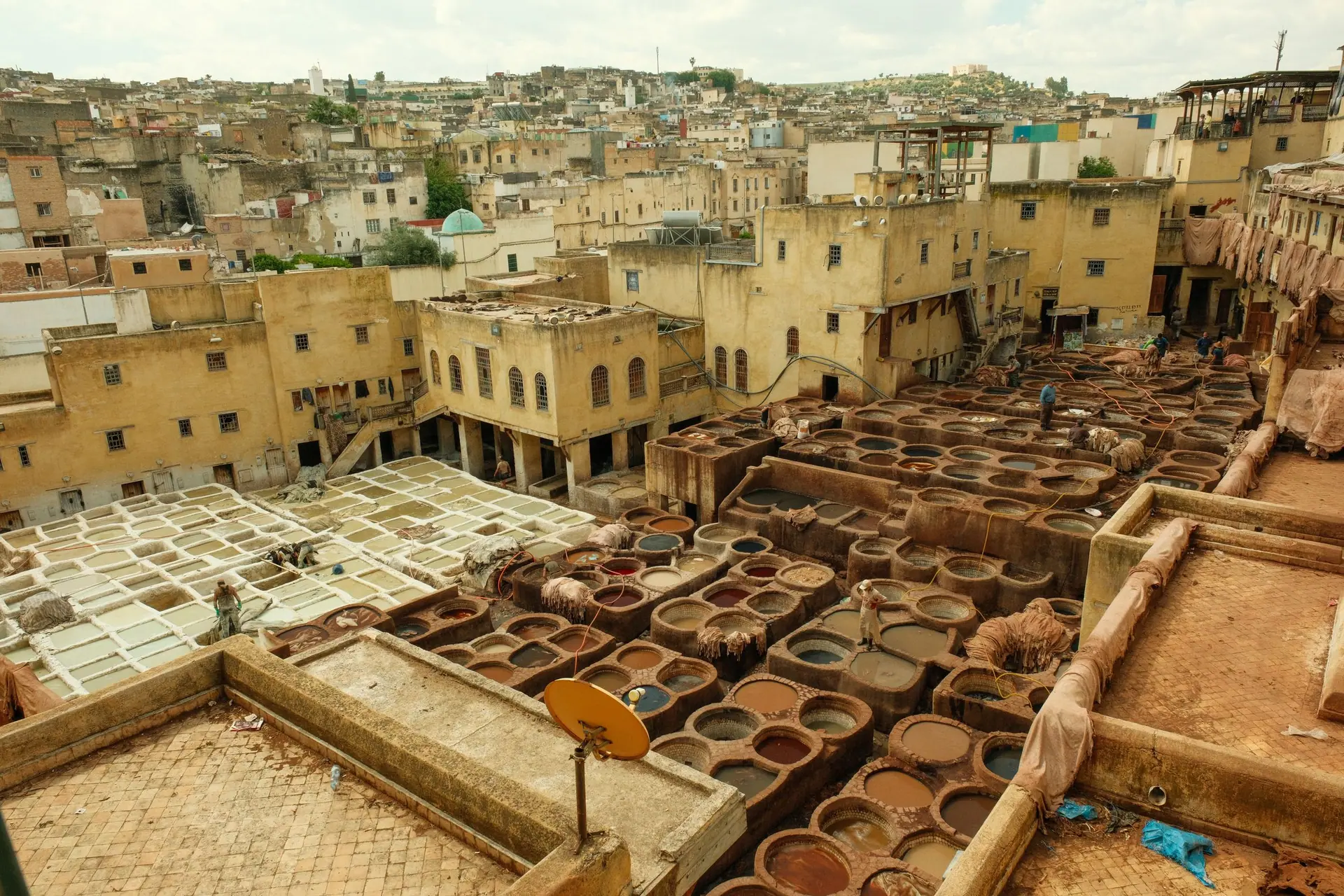 Traditional tannery in Fes, Morocco showcasing ancient leather dyeing processes.